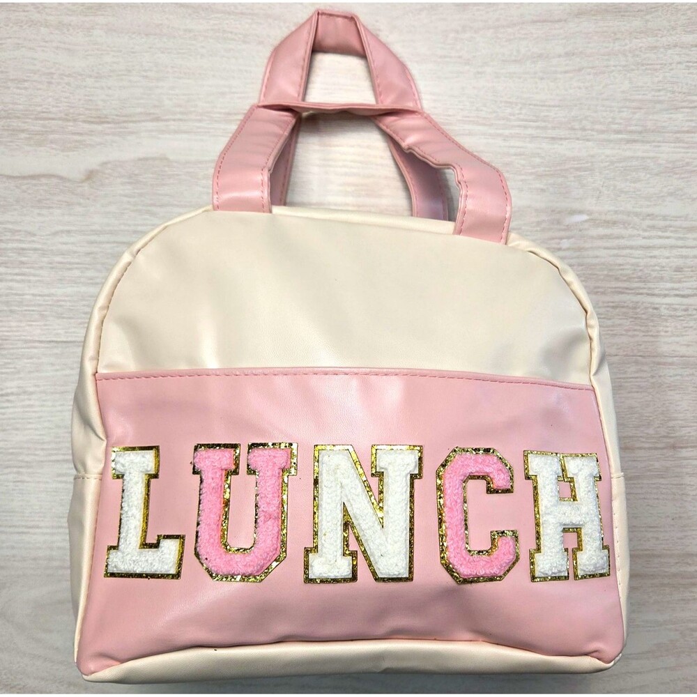 Preppy Pink & Cream Insulated Faux Leather Lunch Bag Chenille "LUNCH" Letters